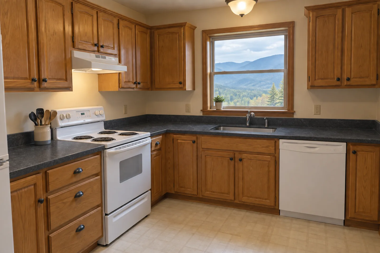 The same kitchen and oak cabinets with charcoal stone counters and a matching backsplash, an undermount stainless sink and the same window onto the ridges