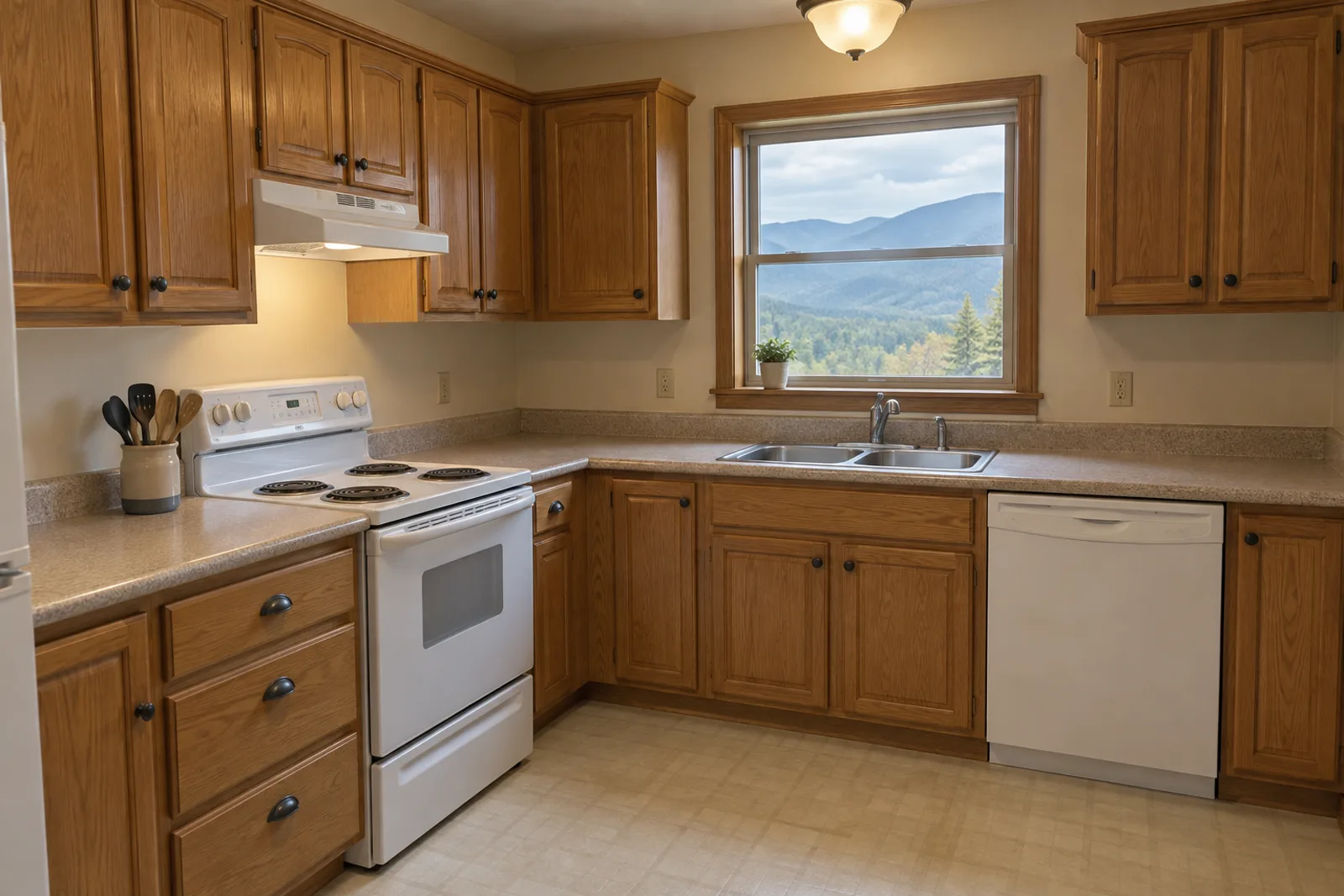 Kitchen with honey oak cabinets, beige laminate counters, a white electric range and dishwasher, and a double stainless sink under a window onto blue mountain ridges