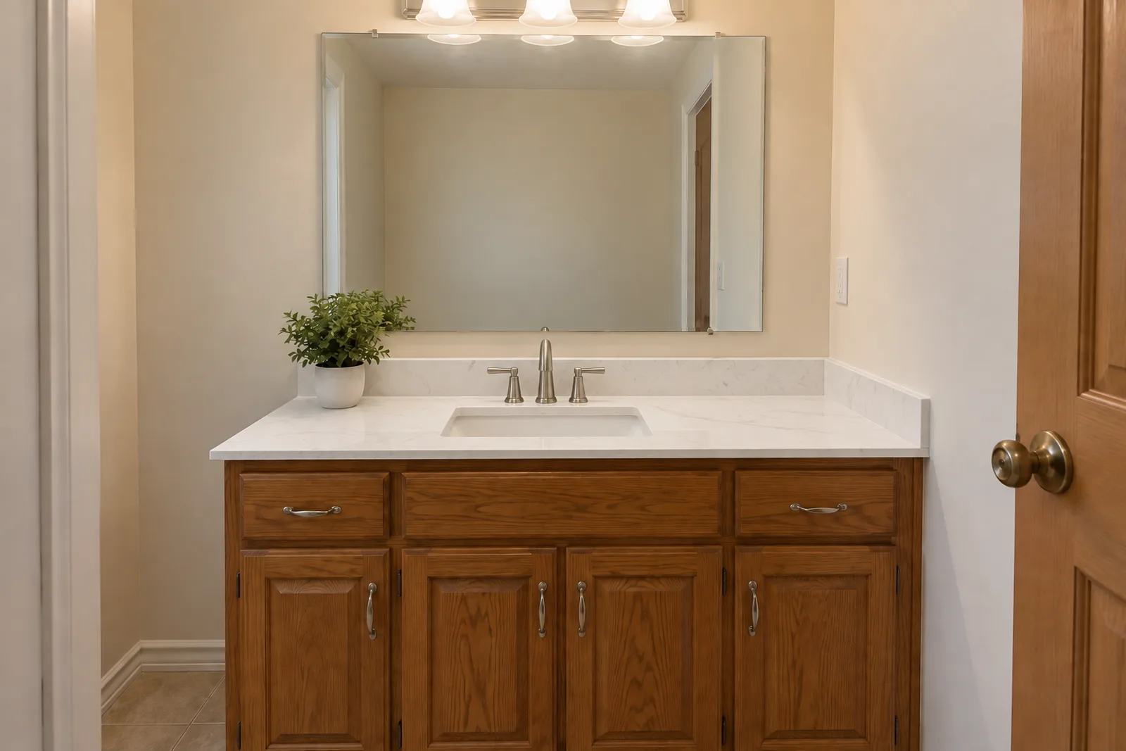 The same oak vanity with a white quartz top in soft grey veining, a rectangular undermount basin and a widespread brushed nickel faucet