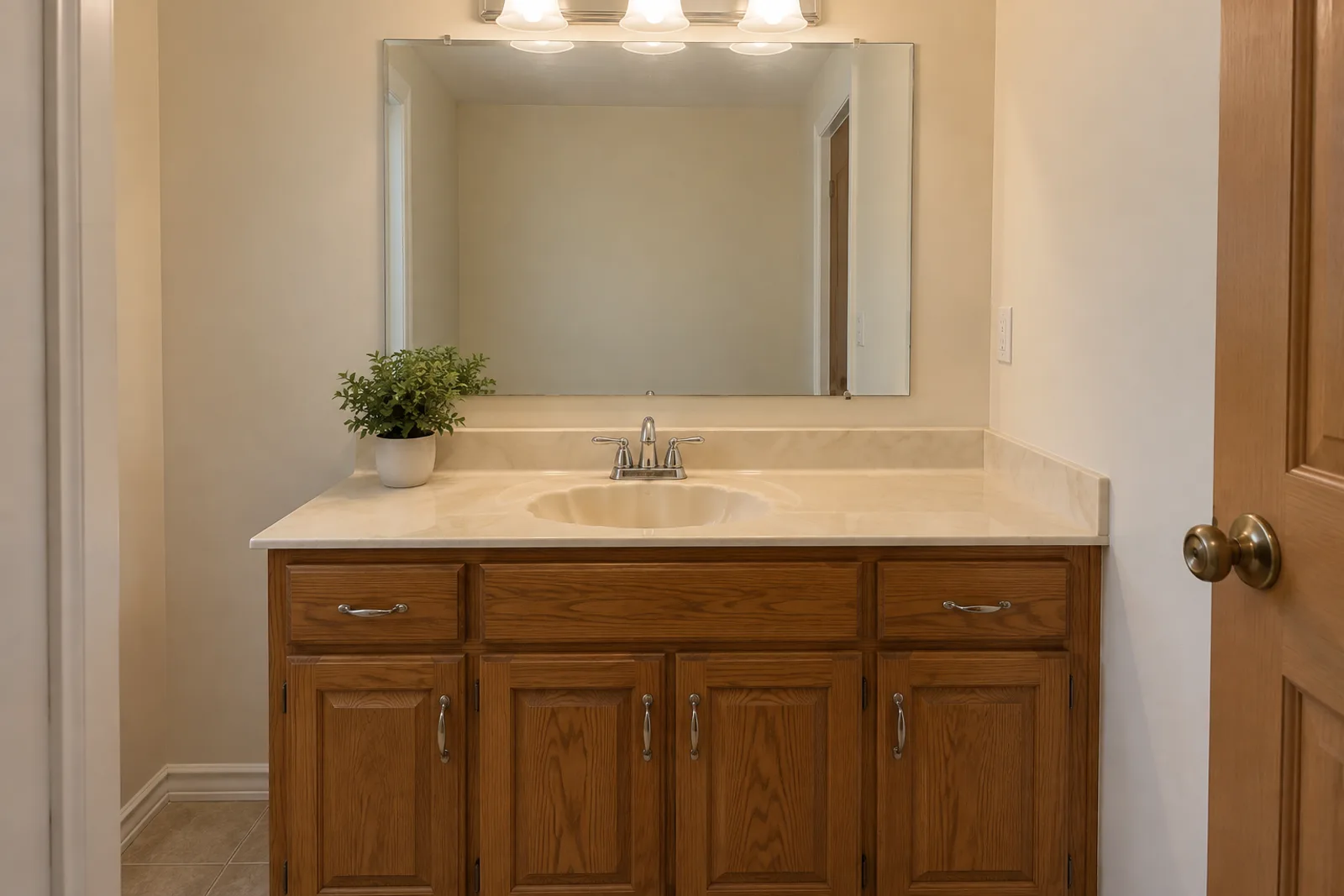 Bathroom vanity with an oak base, a beige cultured marble top with an integrated basin, a brushed nickel faucet and a wide mirror