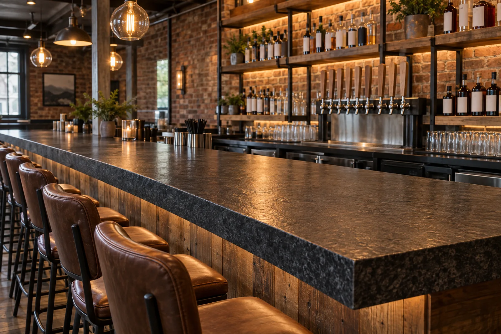 Taproom bar with a long leathered black granite top with a thick square edge, leather bar stools, a row of tap handles and bottle shelves on an exposed brick wall