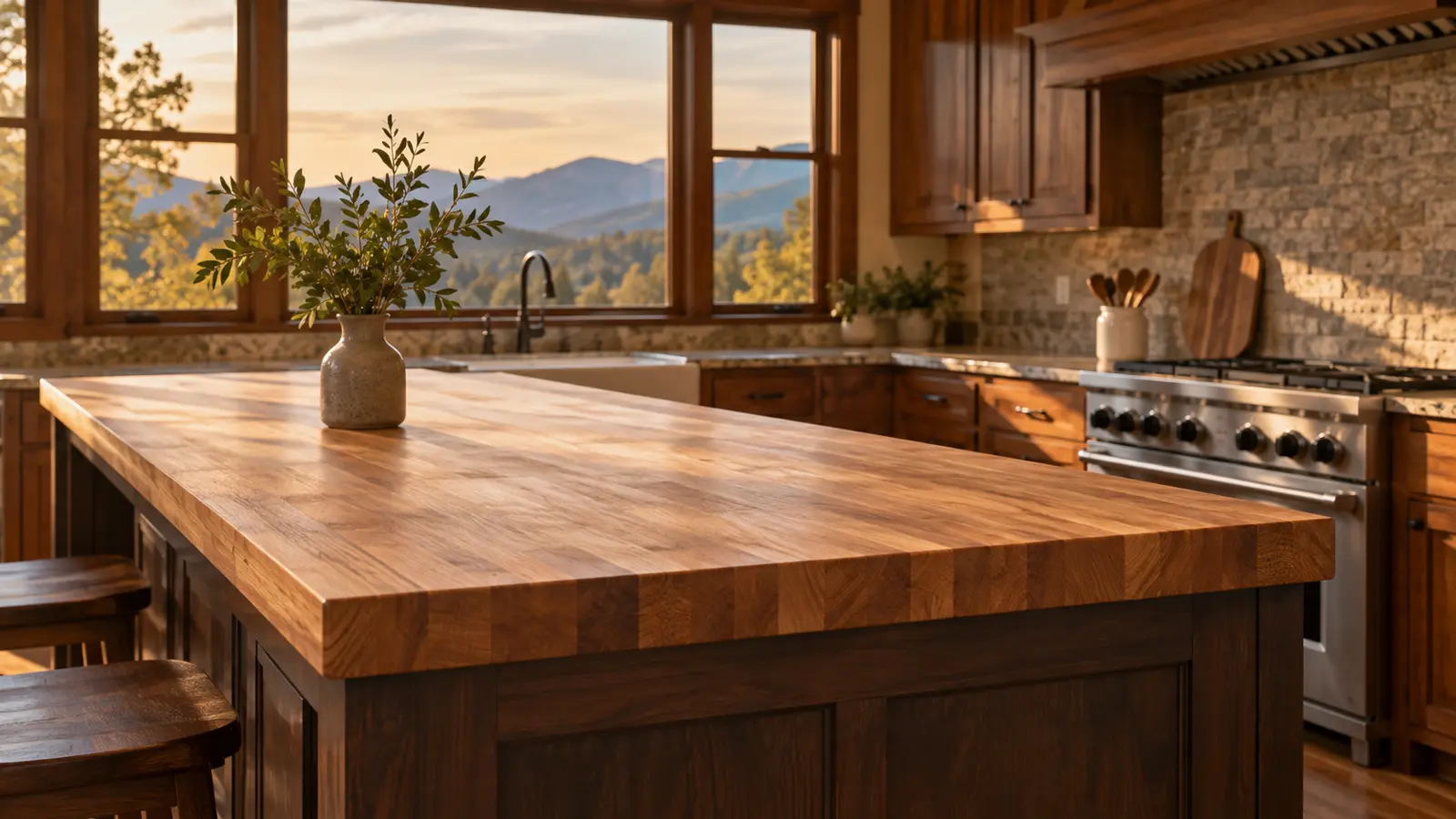 Kitchen island topped with a honey-toned butcher block wood counter with visible end grain, warm golden-hour light, wood cabinets and a window onto blue mountain ridges behind