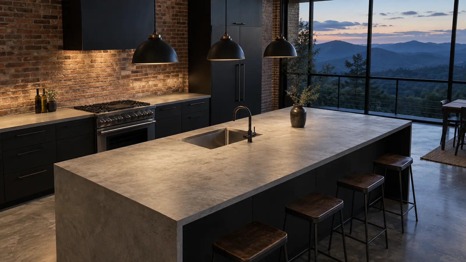 Concrete-look quartz island with a matte grey mottled surface and integrated stainless sink, matte black cabinets, an exposed brick wall and black pendant lights, floor-to-ceiling windows onto mountains at dusk