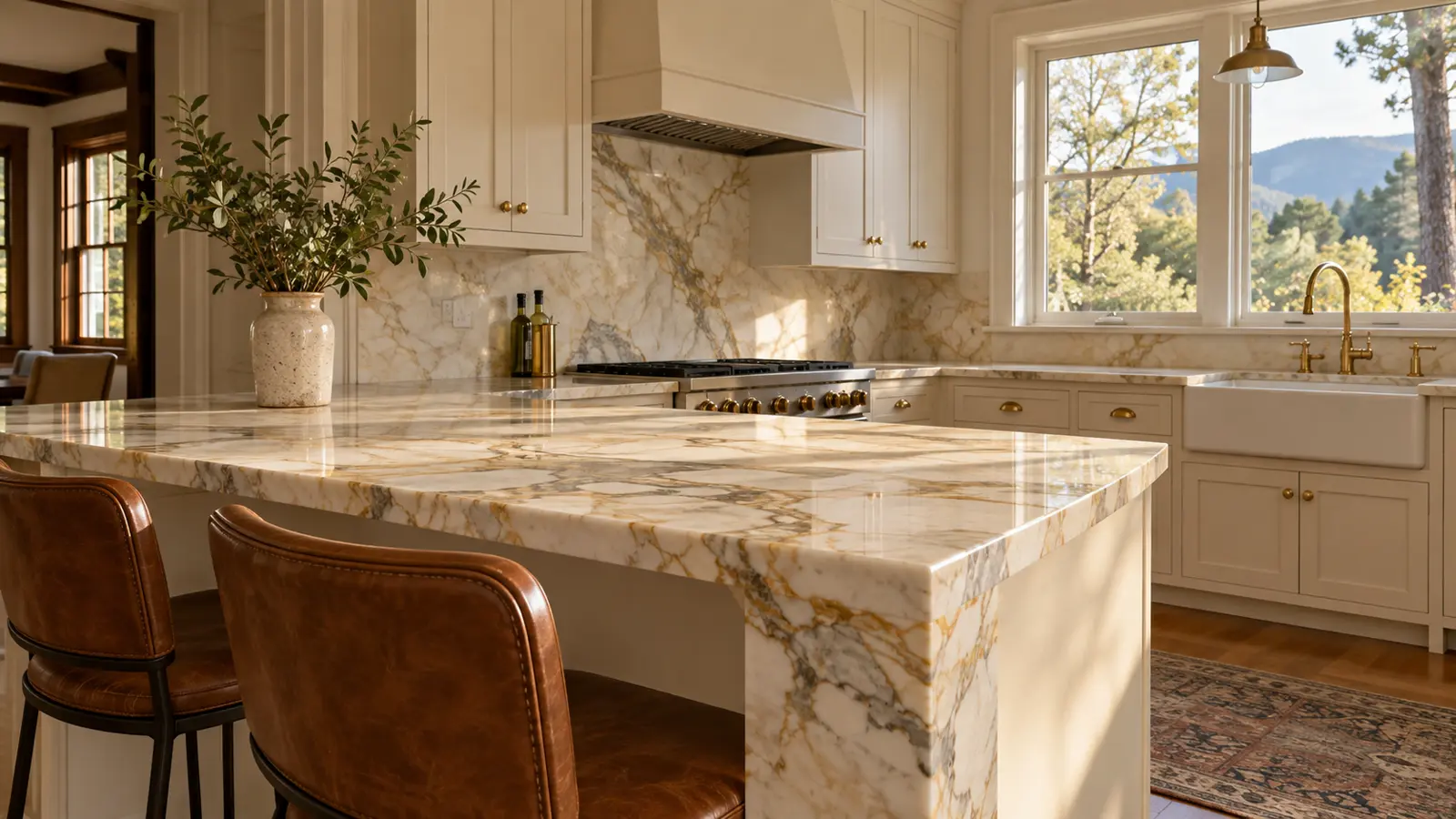 Kitchen peninsula in warm Calacatta gold marble with rich gold and grey veining, two leather bar stools in the foreground, cream cabinets and brass hardware in a 1920s bungalow kitchen