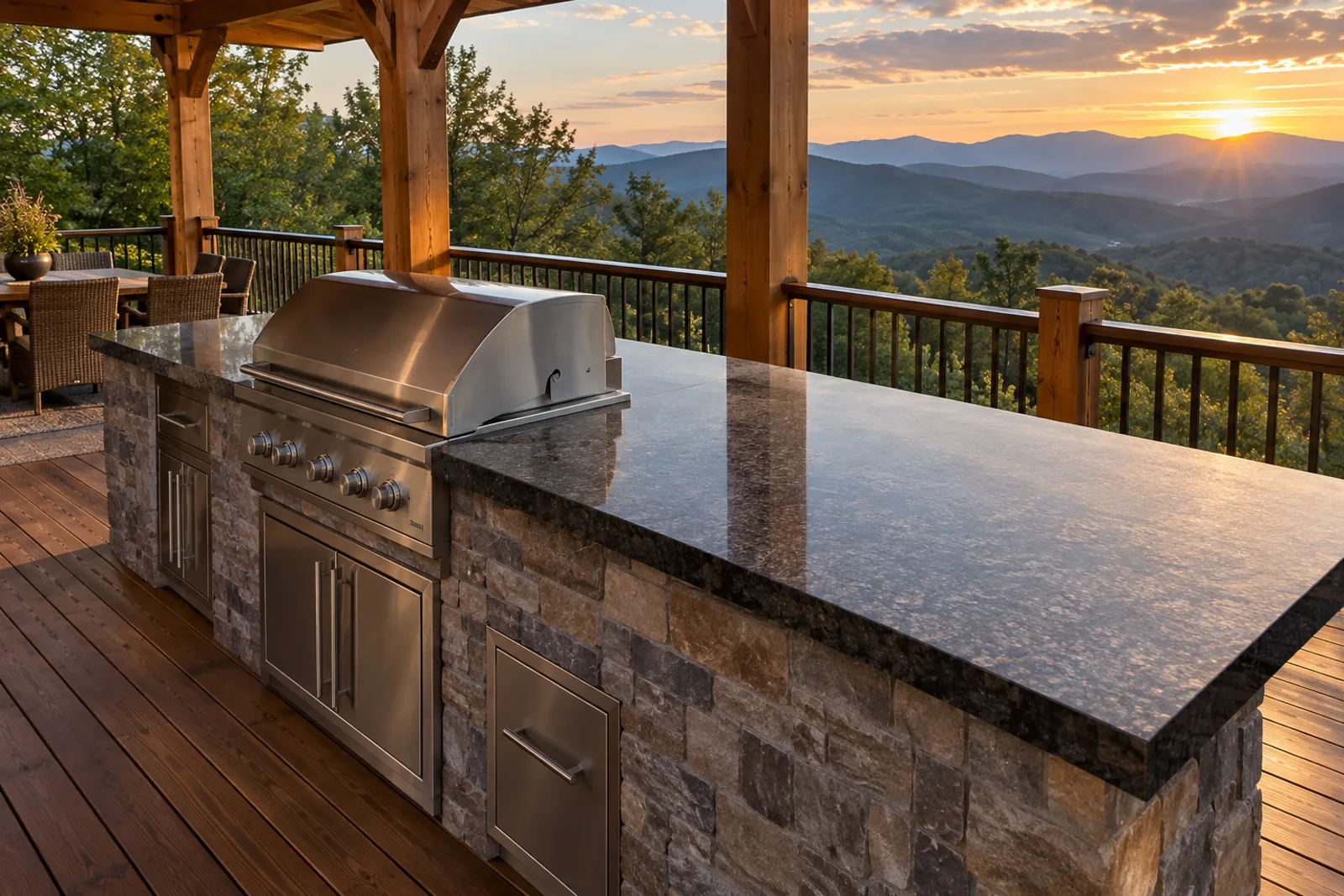 Covered deck outdoor kitchen with a polished dark granite counter over a stacked stone base, a built-in stainless grill and a sunset view over layered blue ridges