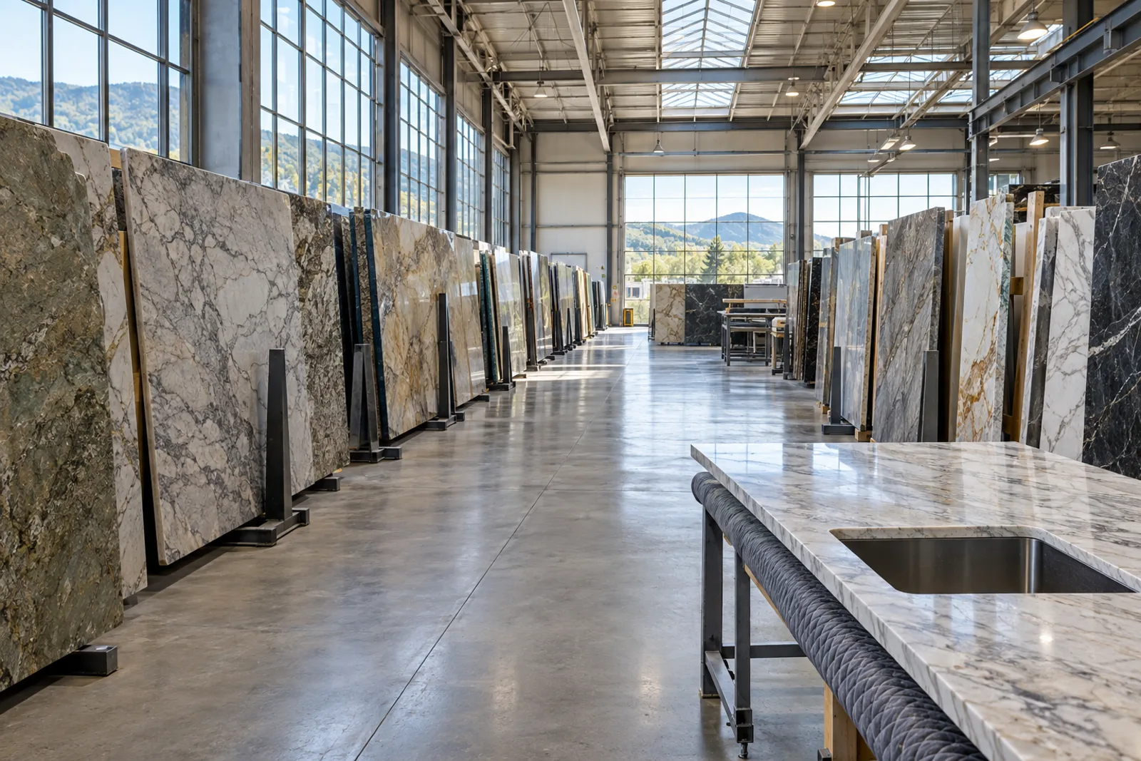 Stone fabrication shop with tall granite, quartzite and marble slabs on steel racks along both walls, a cut marble top with a sink opening on a padded bench, and mountains through the windows