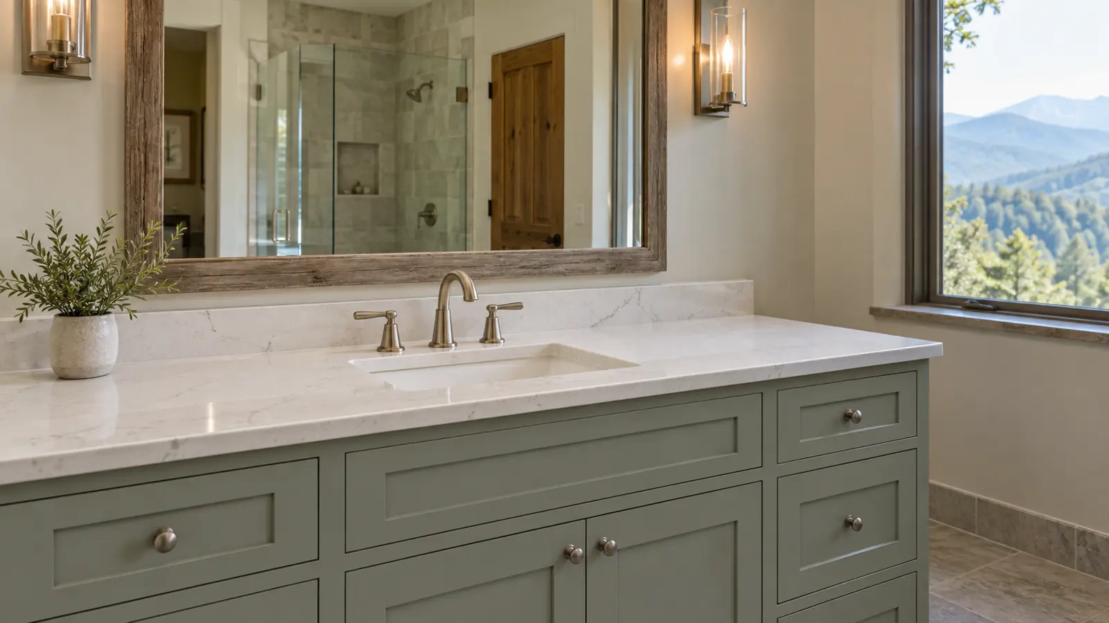 Bathroom vanity with a white quartz top in soft grey veining, an undermount basin, brushed nickel faucet, sage green cabinets and a small window onto a hazy mountain view